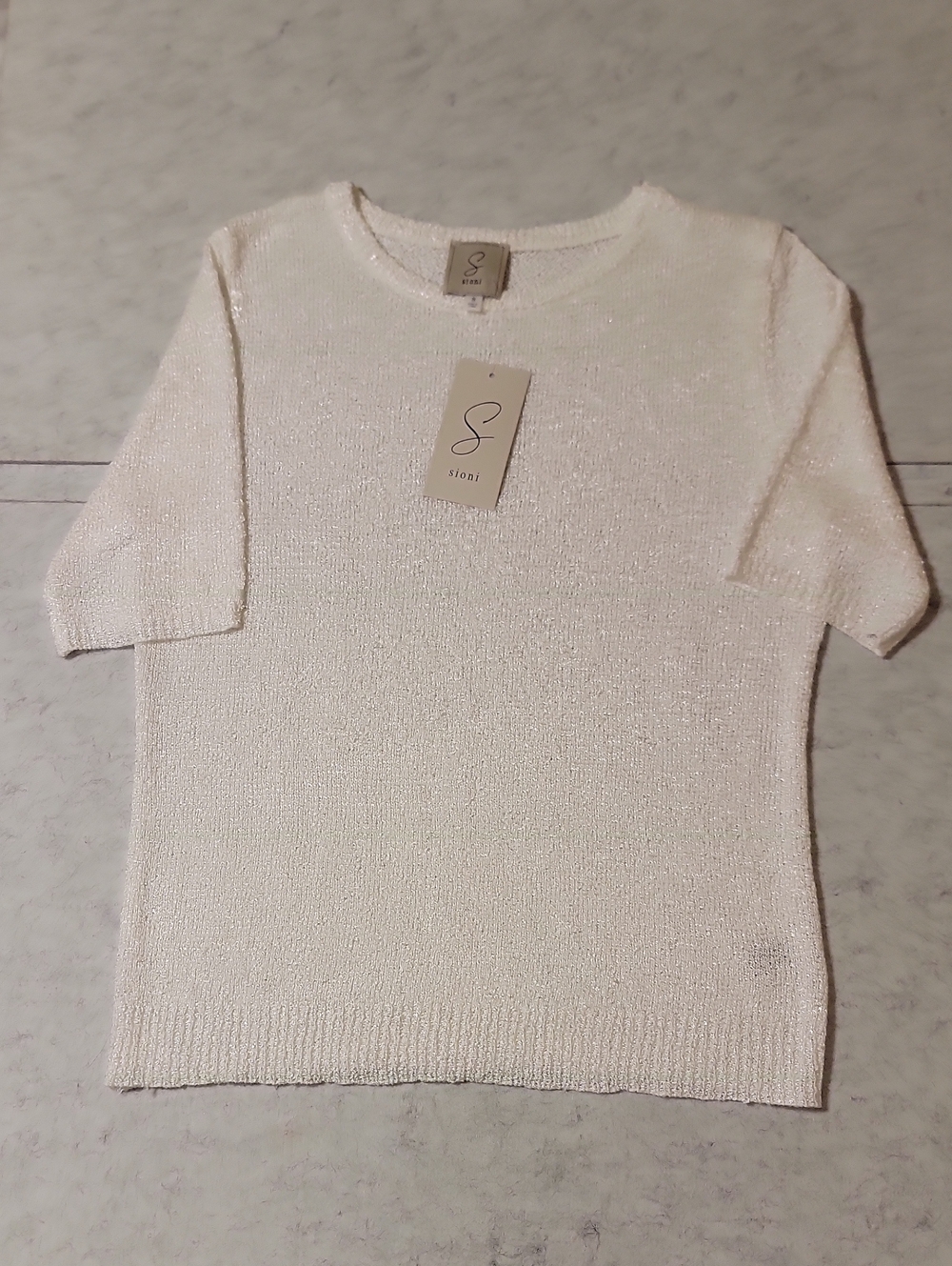 NWT Sioni Eggshell Shimmer Knit Short Sleeve Sweater Size Small